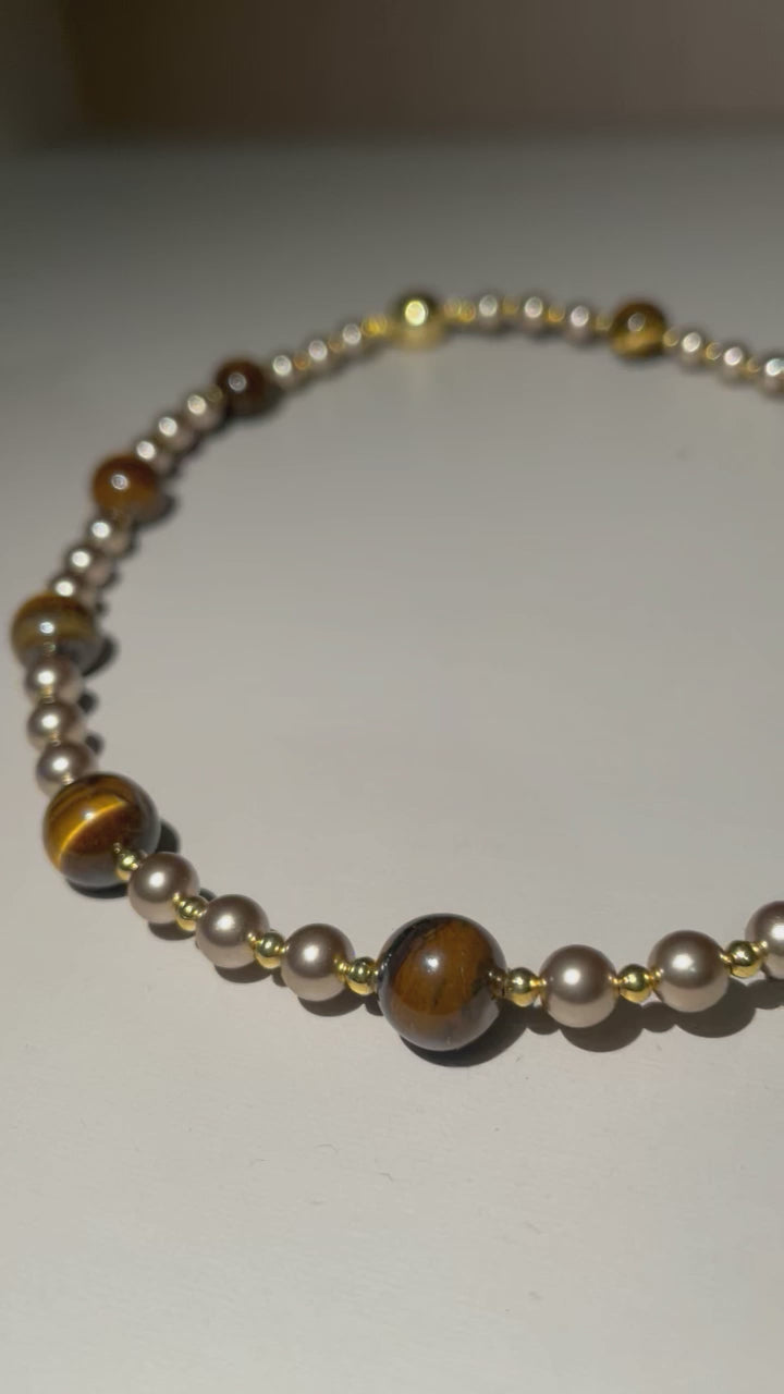 Handmade Tiger Eye & Gold Bead Choker Necklace | Natural Stone Alternating Design