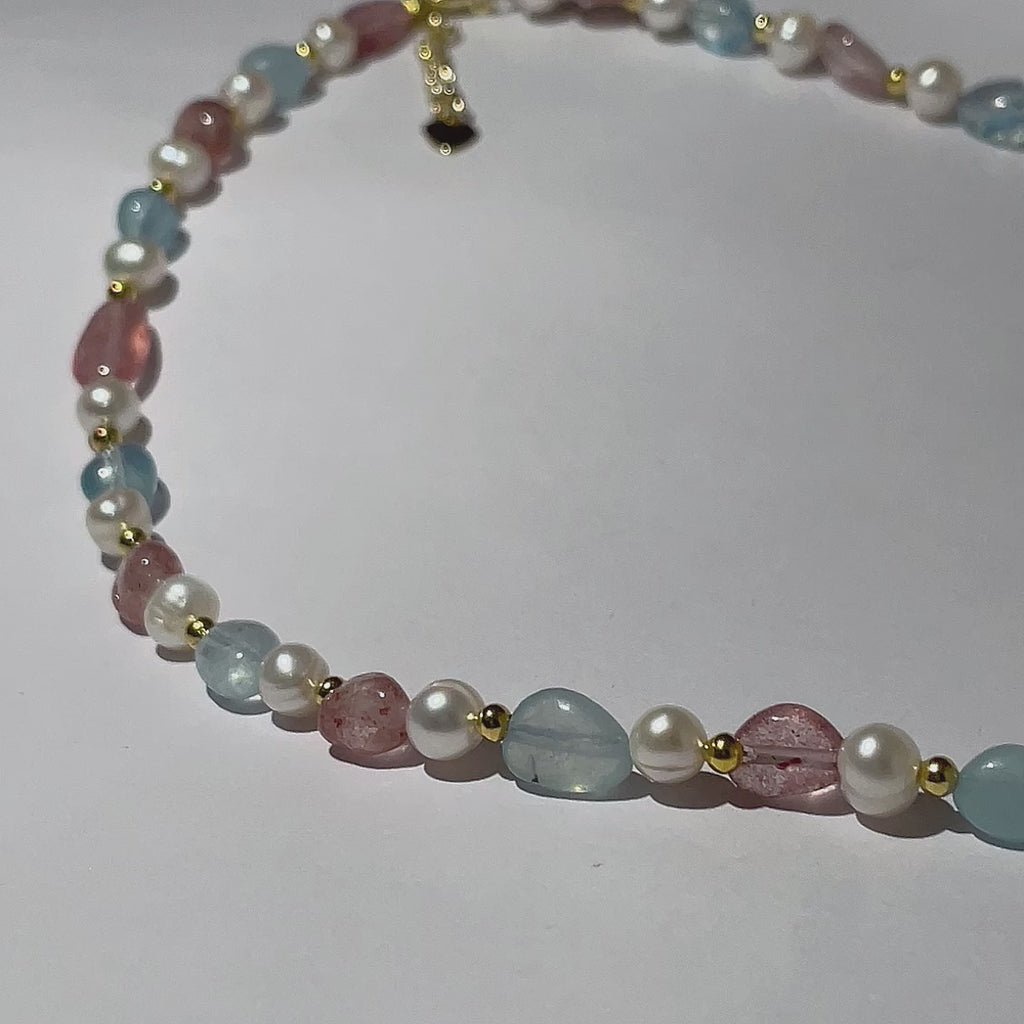 Handmade Morganite Pearl & Aquamarine Mixed Stone Choker Necklace | Pastel Pink Blue Gold