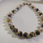 Handmade Tiger Eye & Pink Freshwater Pearl Choker Necklace | Natural Stone Gold Spacer
