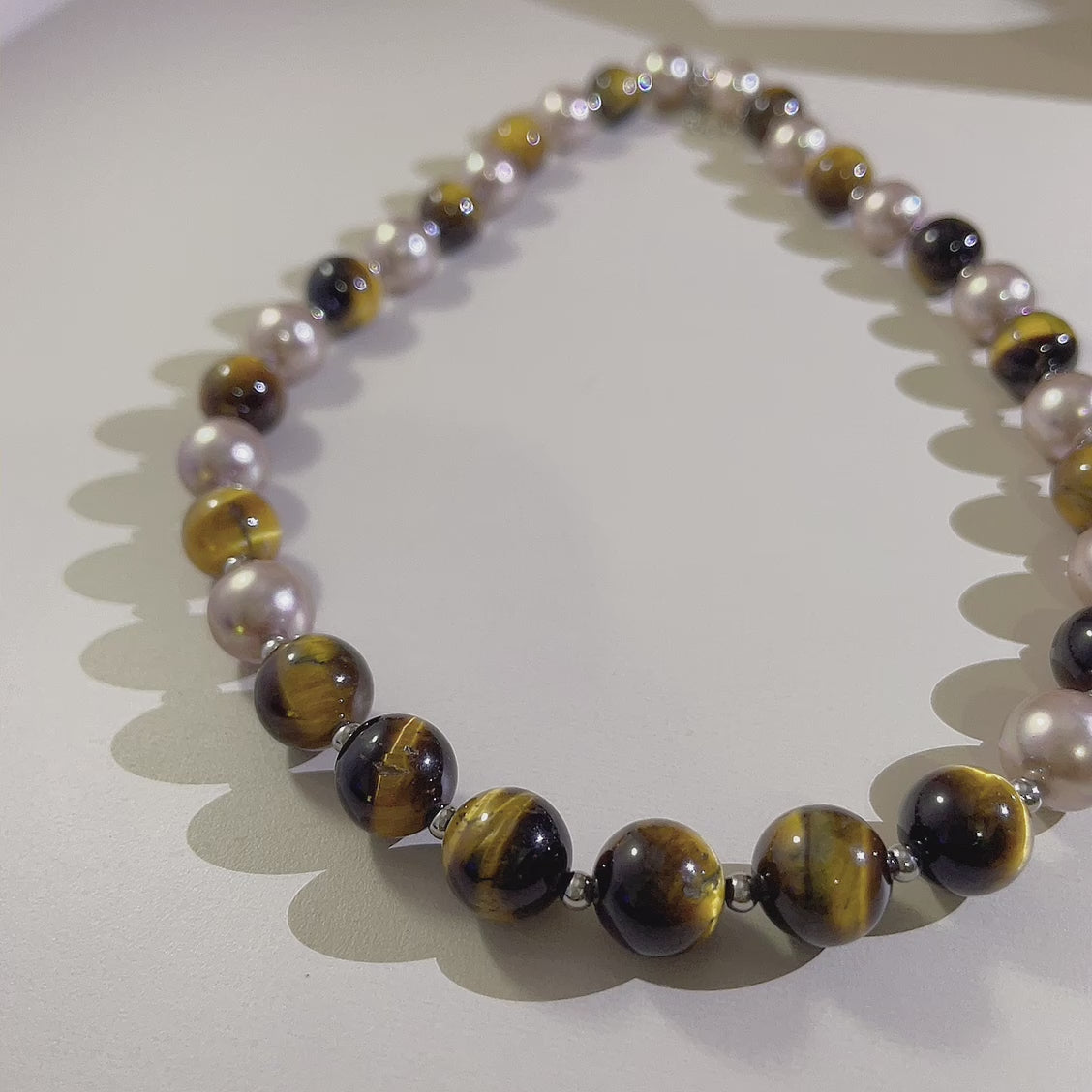 Handmade Tiger Eye & Pink Freshwater Pearl Choker Necklace | Natural Stone Gold Spacer