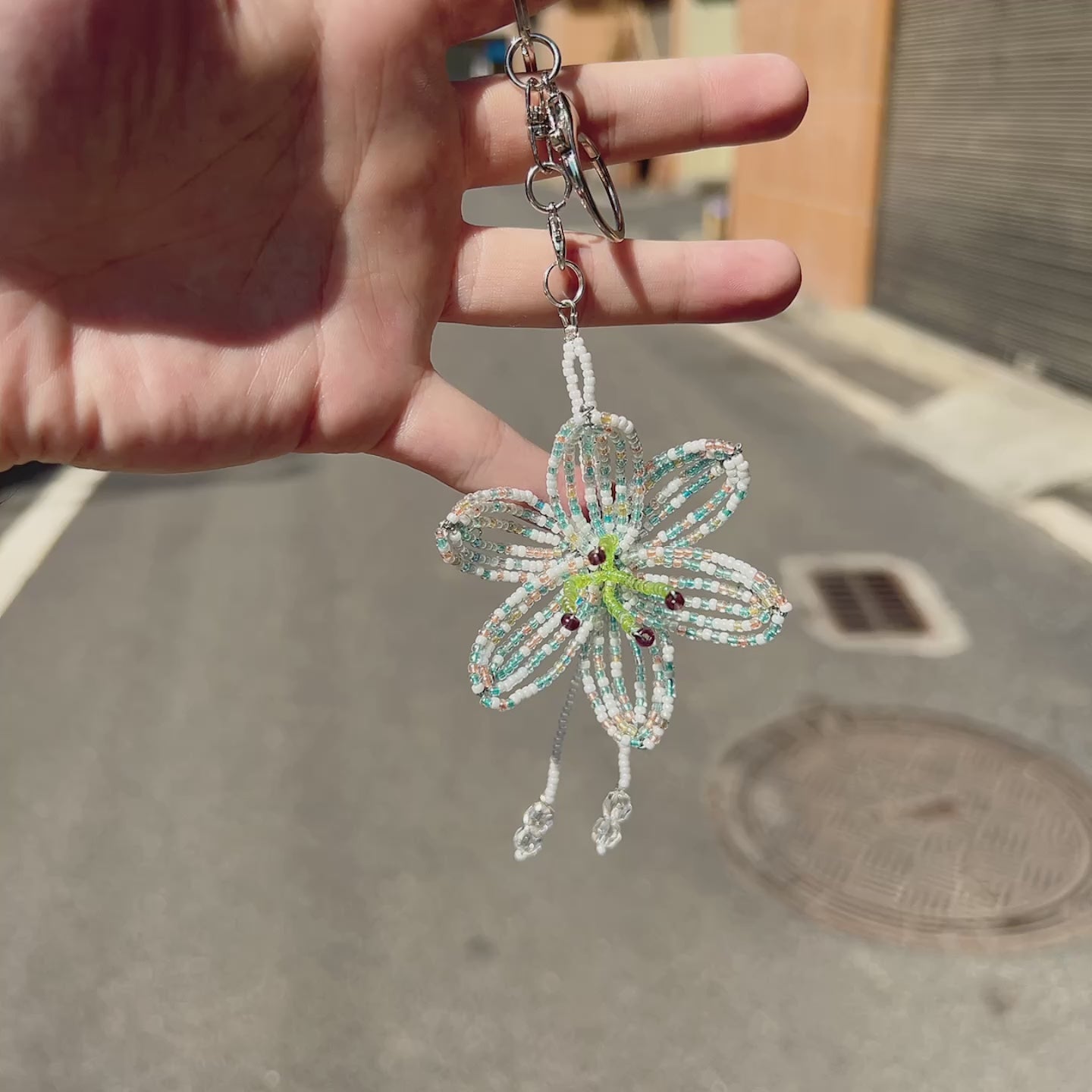 Handmade 3D White & Blue Multicolor Lily Flower Beaded Keychain | Crystal Drop Tassel Fairycore Bag Charm