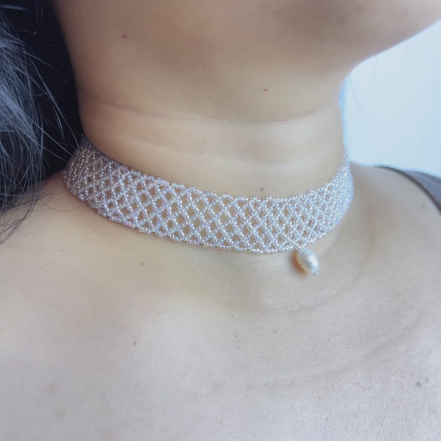 Handmade White Transparent Diamond Mesh Beaded Choker Necklace | Heart Pearl Drop Y2K Minimalist Collar