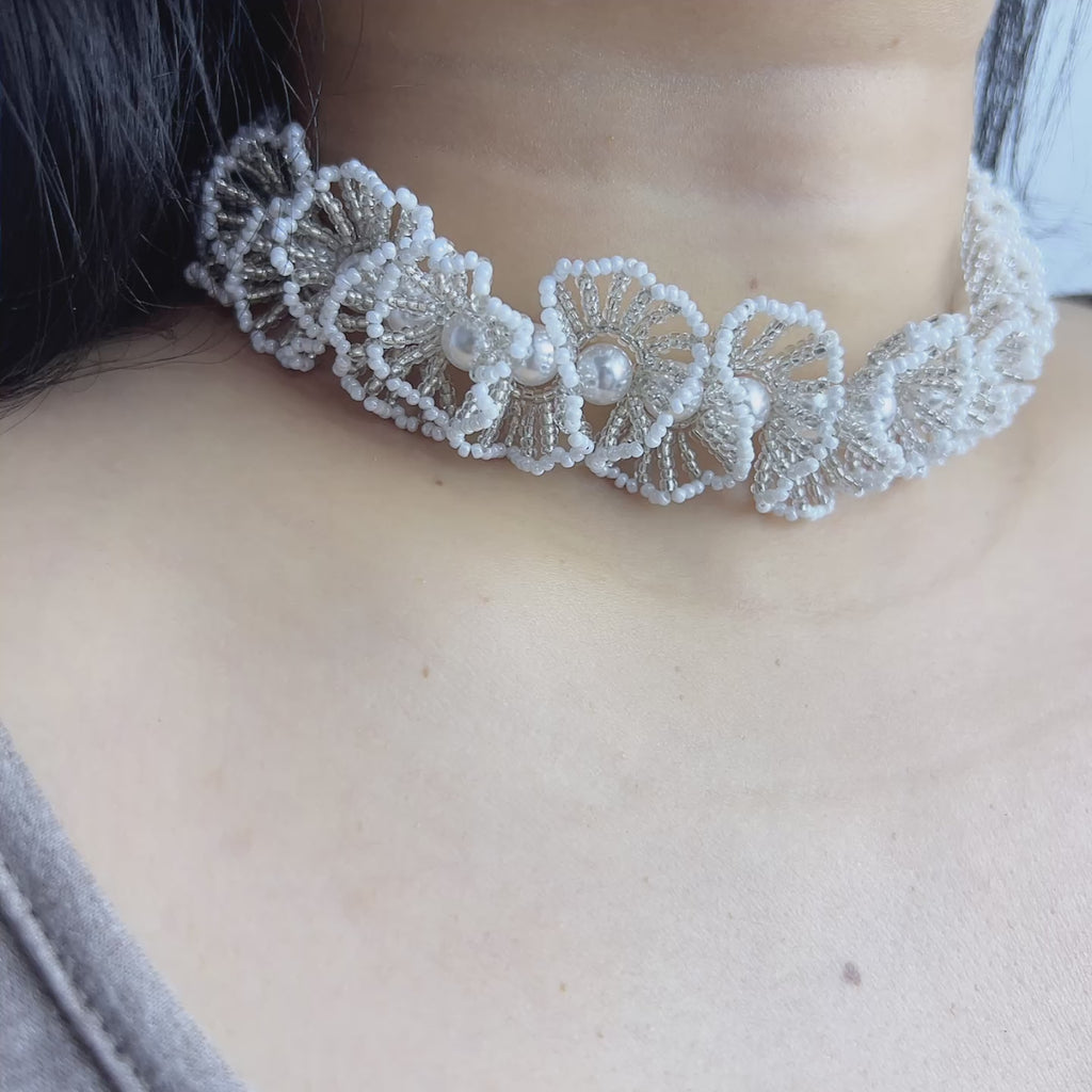 Handmade White & Silver 3D Flower Garland Choker Necklace | Pearl Center Bridal Wedding Statement Collar