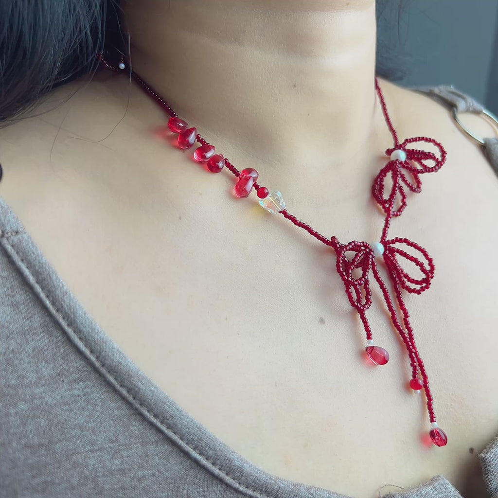 Handmade Red Seed Bead Bow Lariat Necklace | Double Bow Crystal Butterfly Pearl Drop Romantic