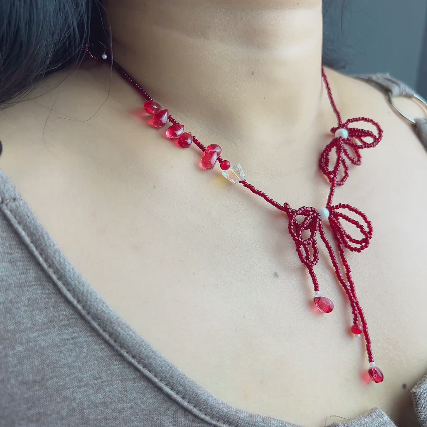 Handmade Red Seed Bead Bow Lariat Necklace | Double Bow Crystal Butterfly Pearl Drop Romantic