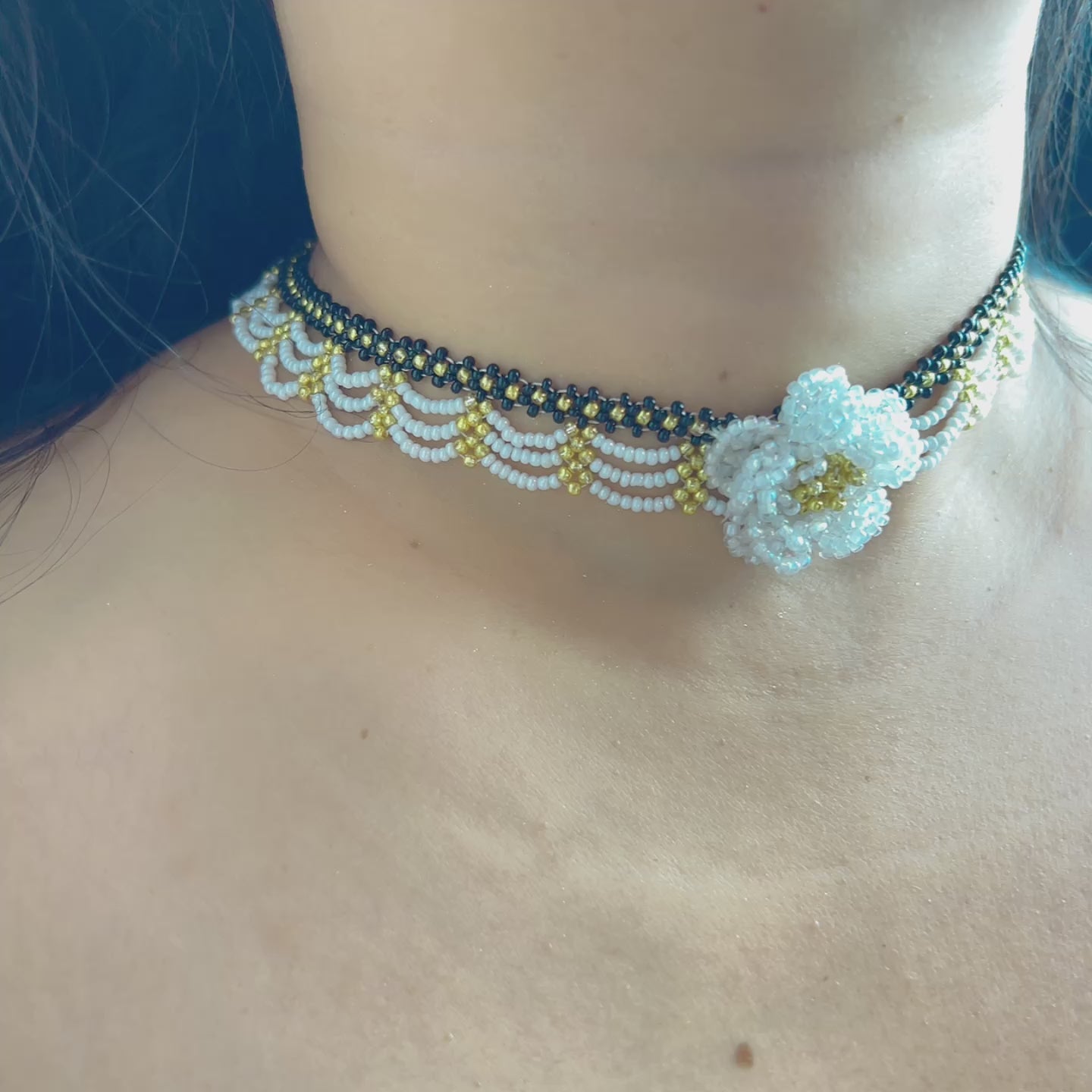 Handmade Black & White Wave Lace Beaded Choker Necklace | 3D White Rose Center Yellow-Green Stamen Cottagecore