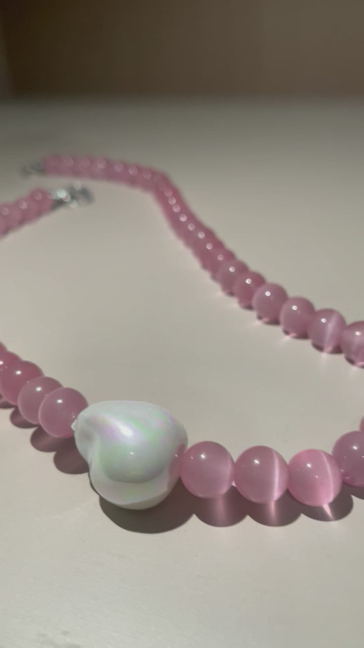 Handmade Pink Cat Eye Stone Bead Choker Necklace | Baroque Pearl Accent