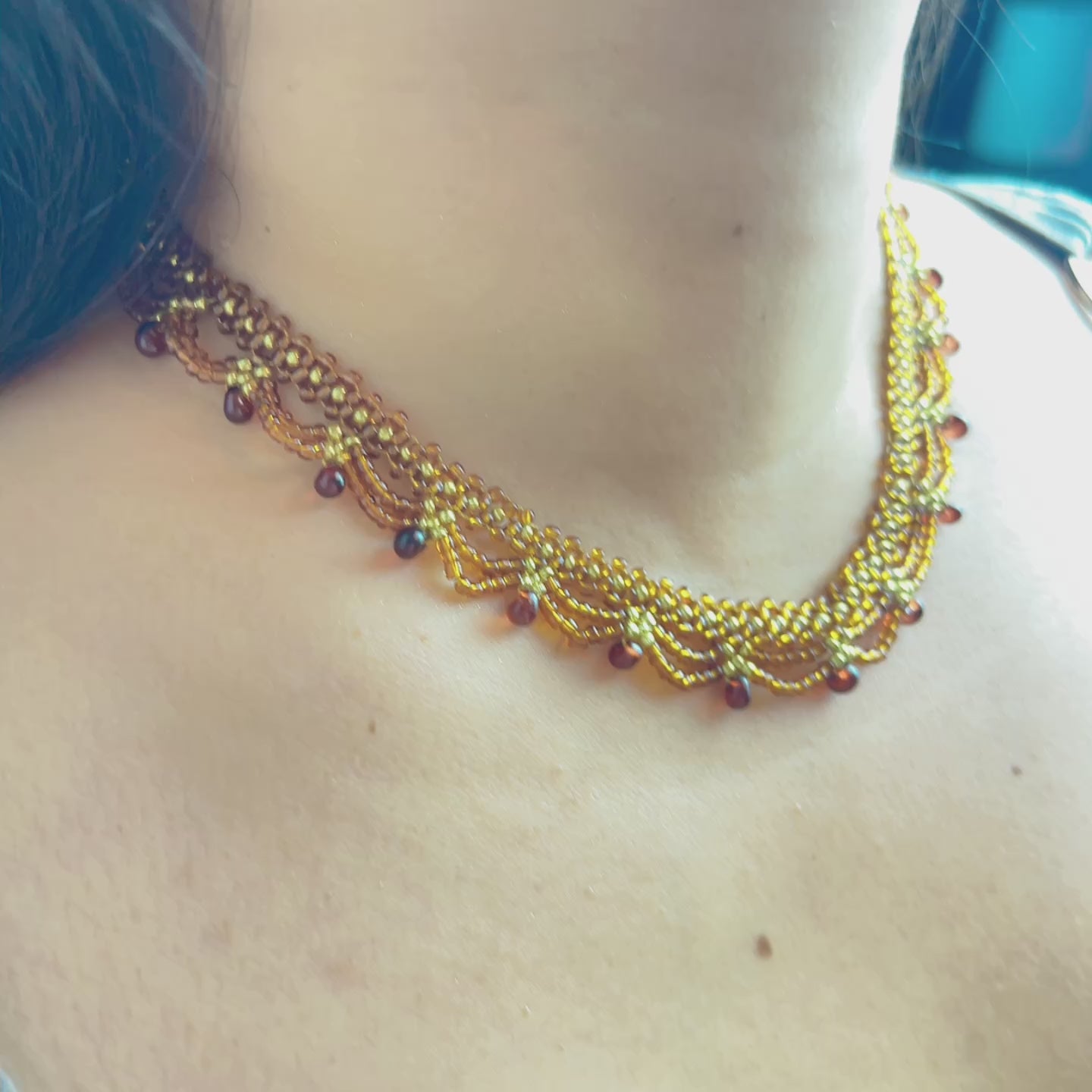 Handmade Gold & Brown Multi-Layer Wave Lace Beaded Choker Necklace | Brown Bead Drop Fringe Vintage Luxe Collar