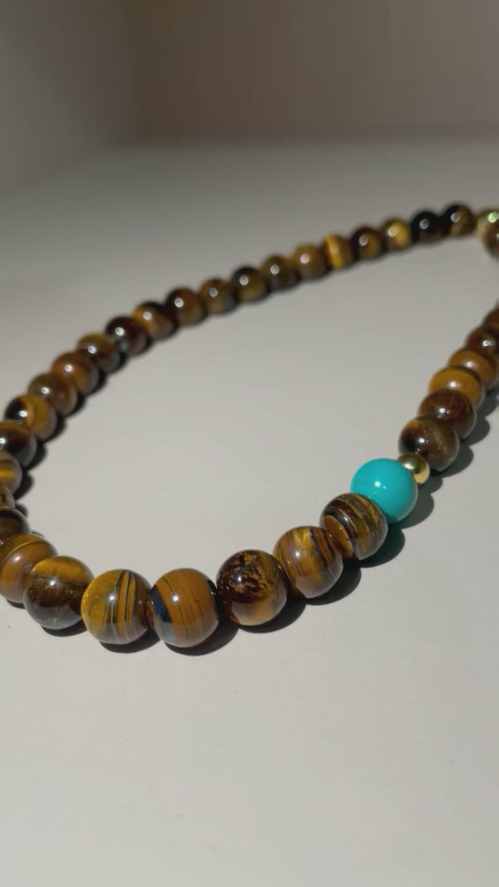 Handmade Tiger Eye & Turquoise Bead Choker Necklace | Natural Stone Gold Spacer Jewelry