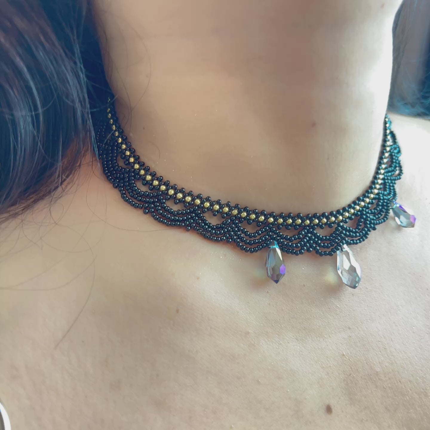 Handmade Black Multi-Layer Wave Lace Beaded Choker Necklace | AB Crystal Teardrop Drop Gothic Fairycore Collar