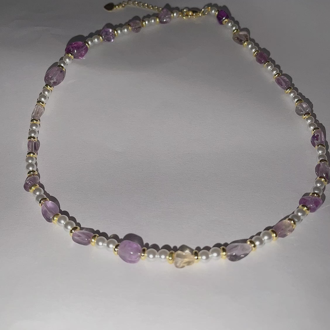 Handmade Amethyst Tumbled Stone & Pearl Choker Necklace | Gold Spacer Natural Stone Jewelry