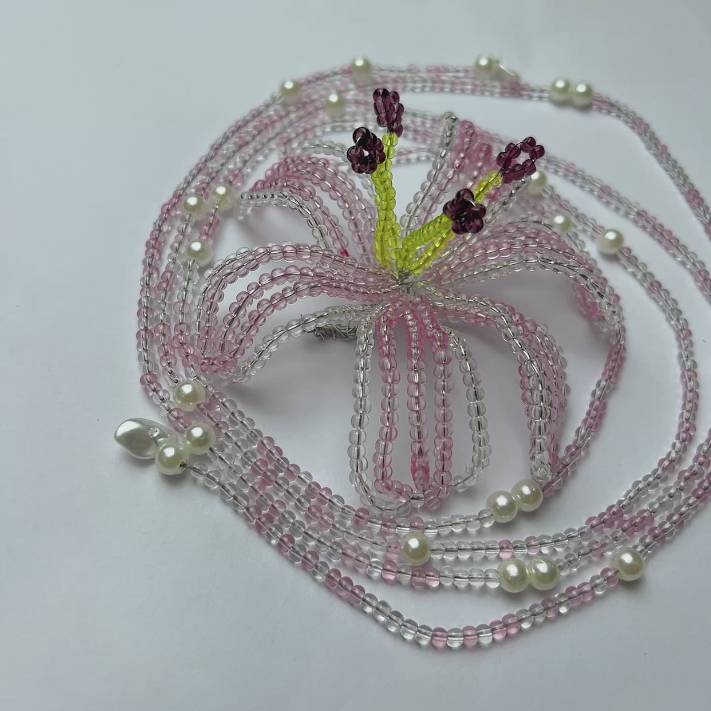 Handmade 3D Pink Flower Beaded Statement Necklace | Fairycore Floral Lariat with Pearl Fringe