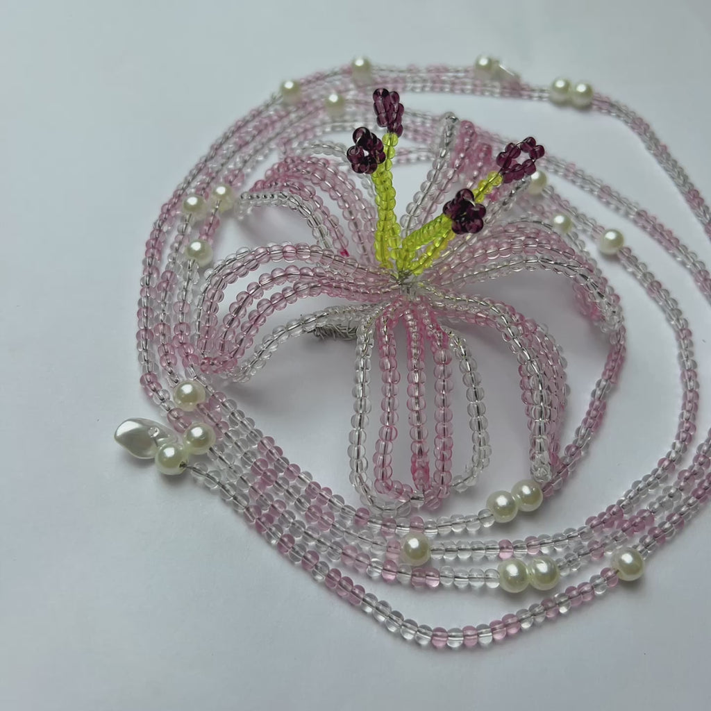 Handmade 3D Pink Hibiscus Flower Beaded Choker Necklace | Asymmetric Pearl Tassel Drop Fairycore Statement
