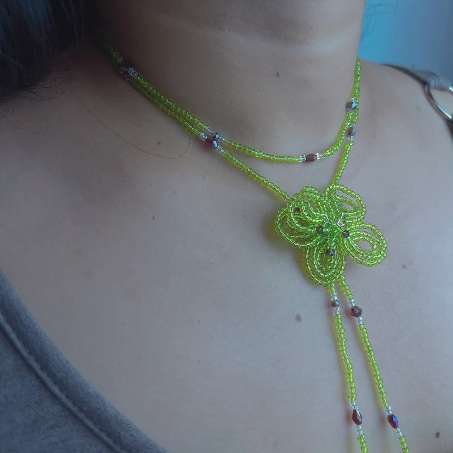 Handmade Lime Green Multi-Strand Lariat Necklace | Knotted Flower Pendant Red Crystal Boho Statement