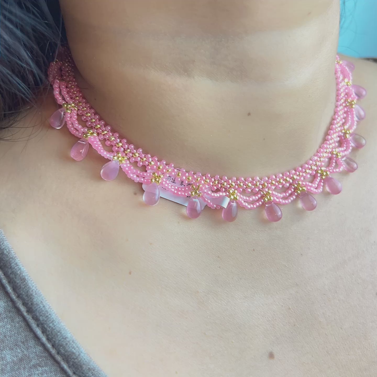 Handmade Pink & Gold Wave Lace Beaded Choker Necklace | Pink Crystal Teardrop Drop Fringe Y2K Princess Collar