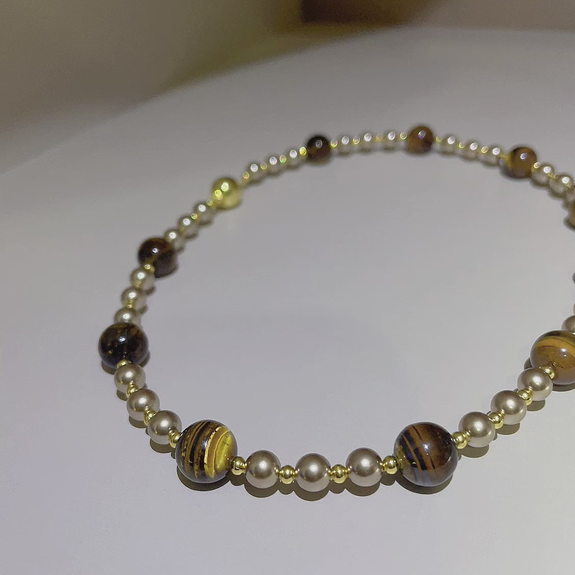 Handmade Tiger Eye & Metal Bead Choker Necklace | Natural Stone Silver Gold Spacer