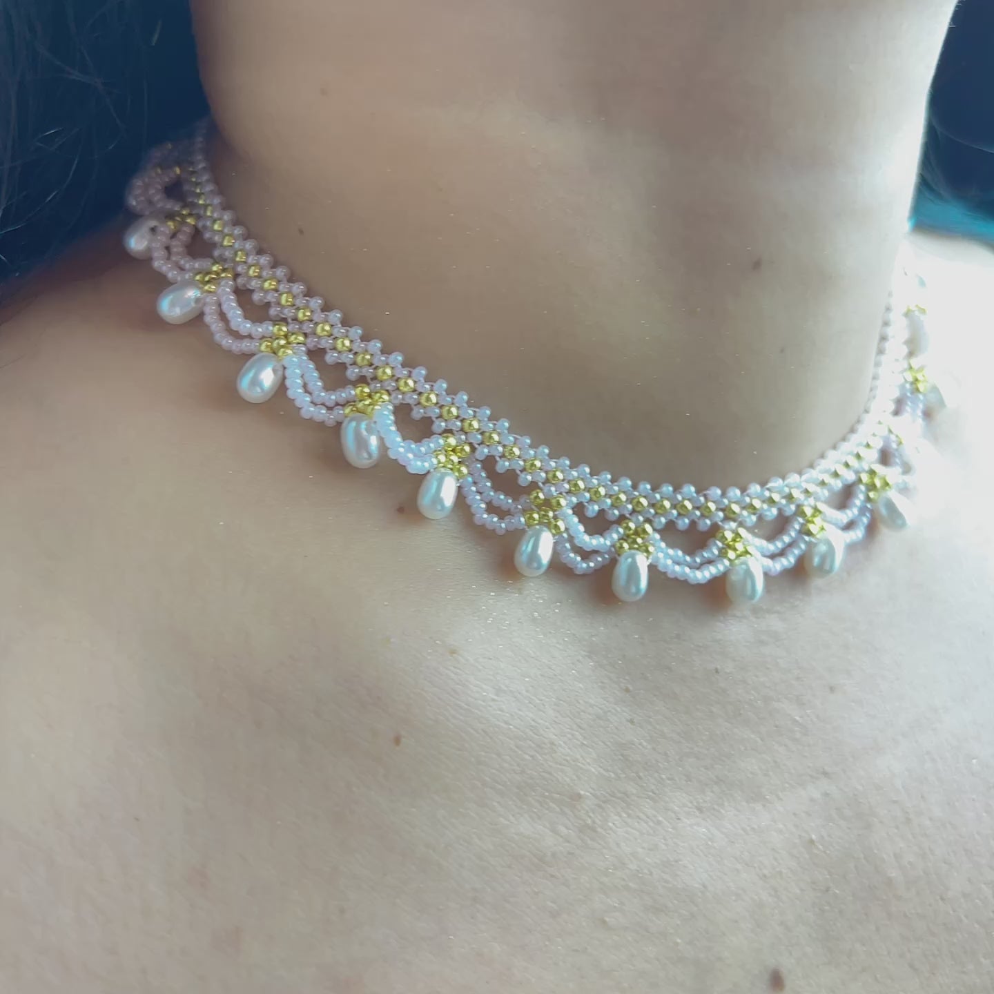 Handmade White Lace Scallop Beaded Choker Necklace | Gold Bead Pearl Drop Bridal Collar