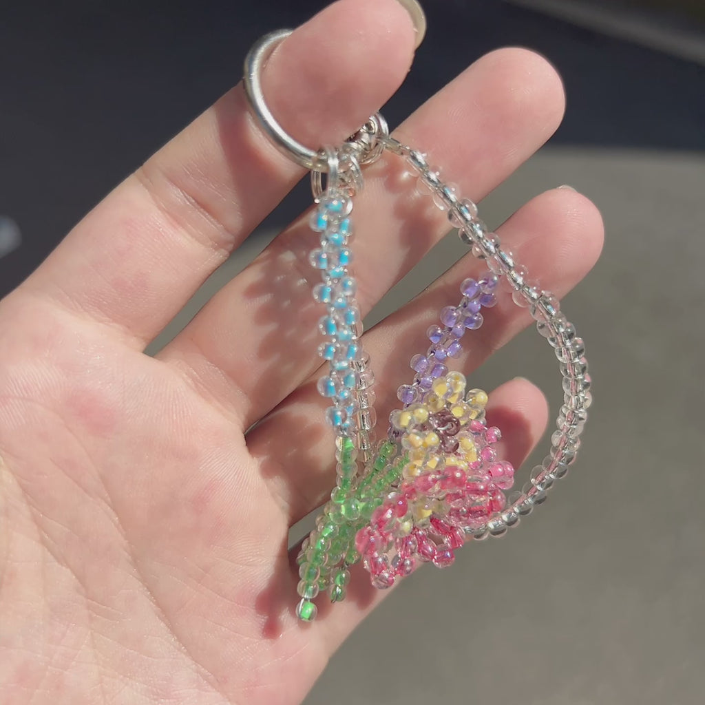 Handmade 3D Colorful Tulip Flower Bouquet Beaded Keychain | Pink Purple Yellow Green Kawaii Bag Charm