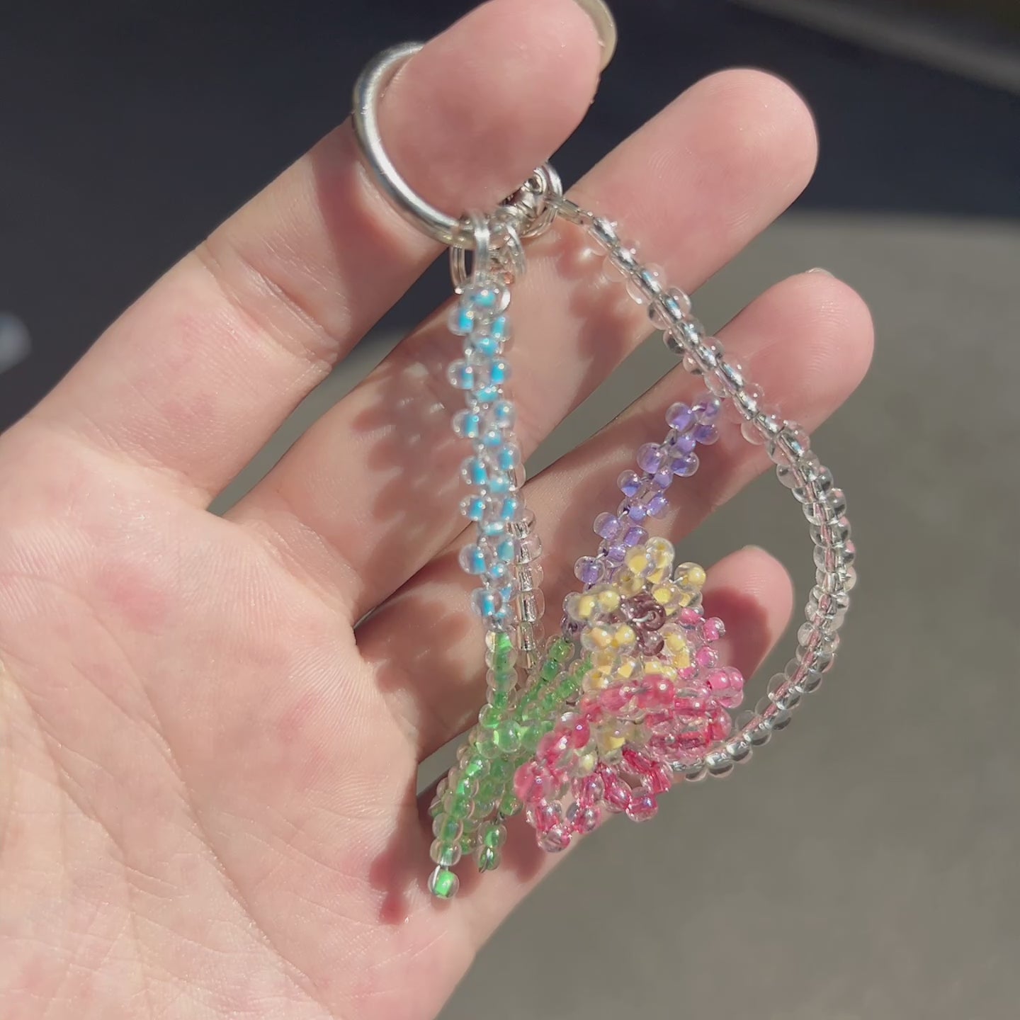 Handmade 3D Colorful Tulip Flower Bouquet Beaded Keychain | Pink Purple Yellow Green Kawaii Bag Charm