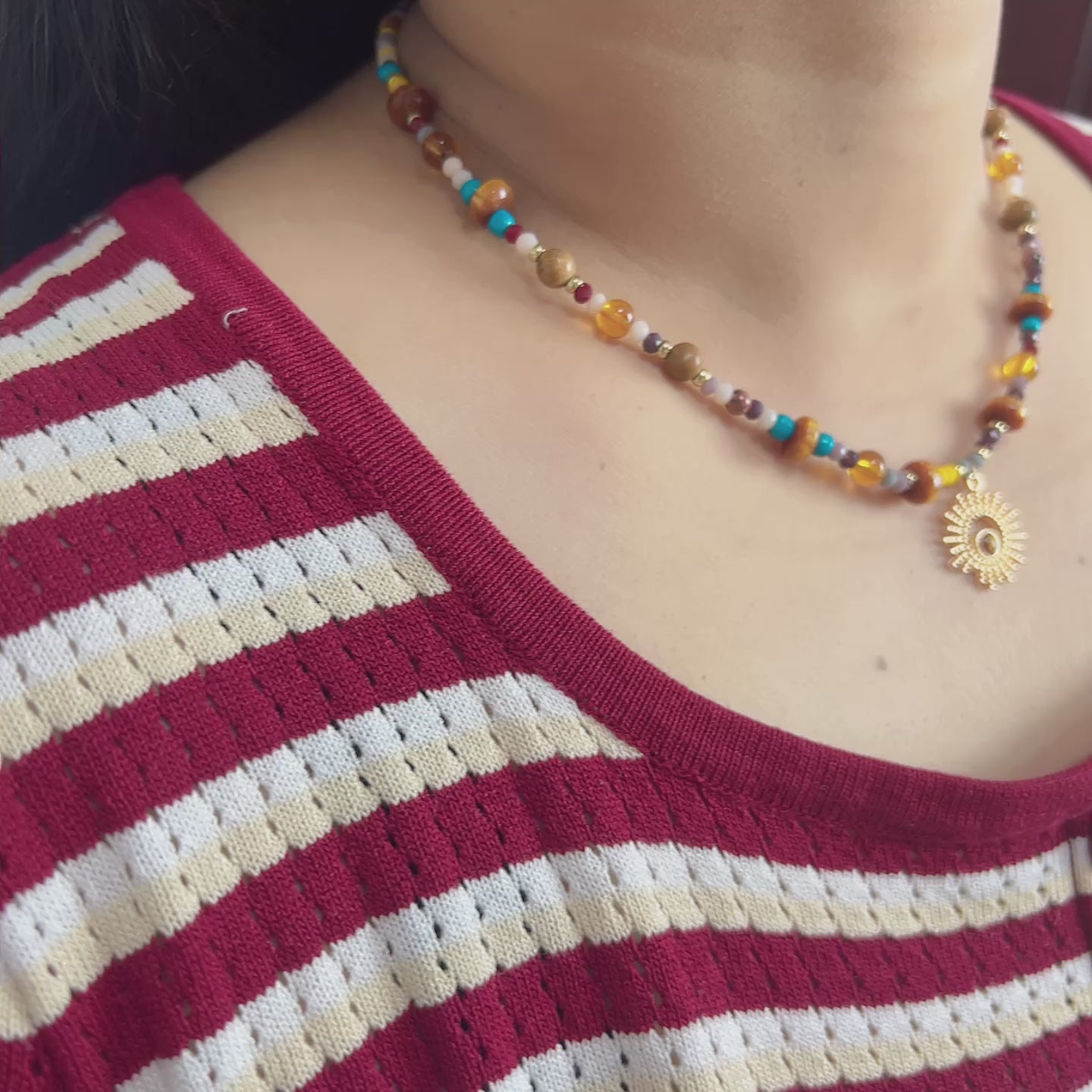 Handmade Colorful Mixed Bead Necklace | Gold Sunburst Pendant Boho Jewelry