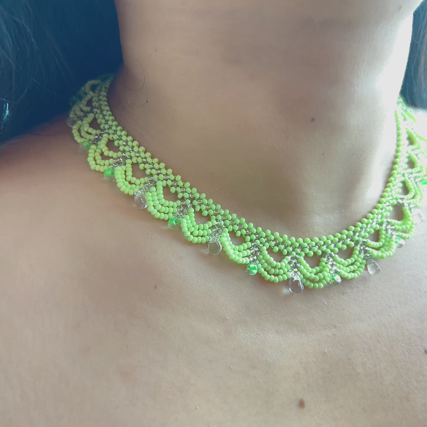 Handmade Apple Green & White Multi-Layer Scallop Wave Lace Beaded Choker Necklace | Bead Drop Fringe Spring Cottagecore Collar