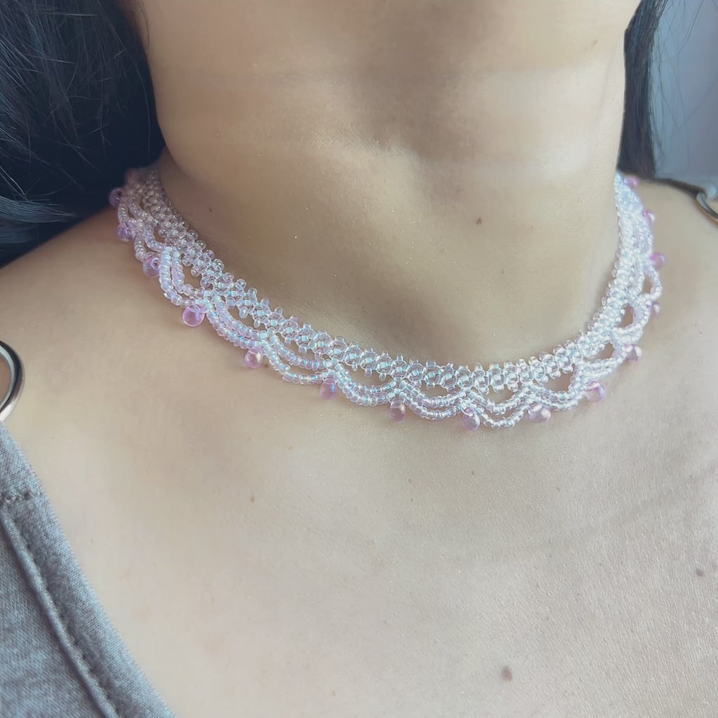 Handmade White & Blush Pink Lace Scallop Beaded Choker Necklace | Bridal Seed Bead Collar