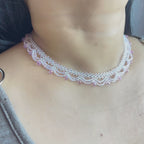 Handmade White & Blush Pink Lace Scallop Beaded Choker Necklace | Bridal Seed Bead Collar