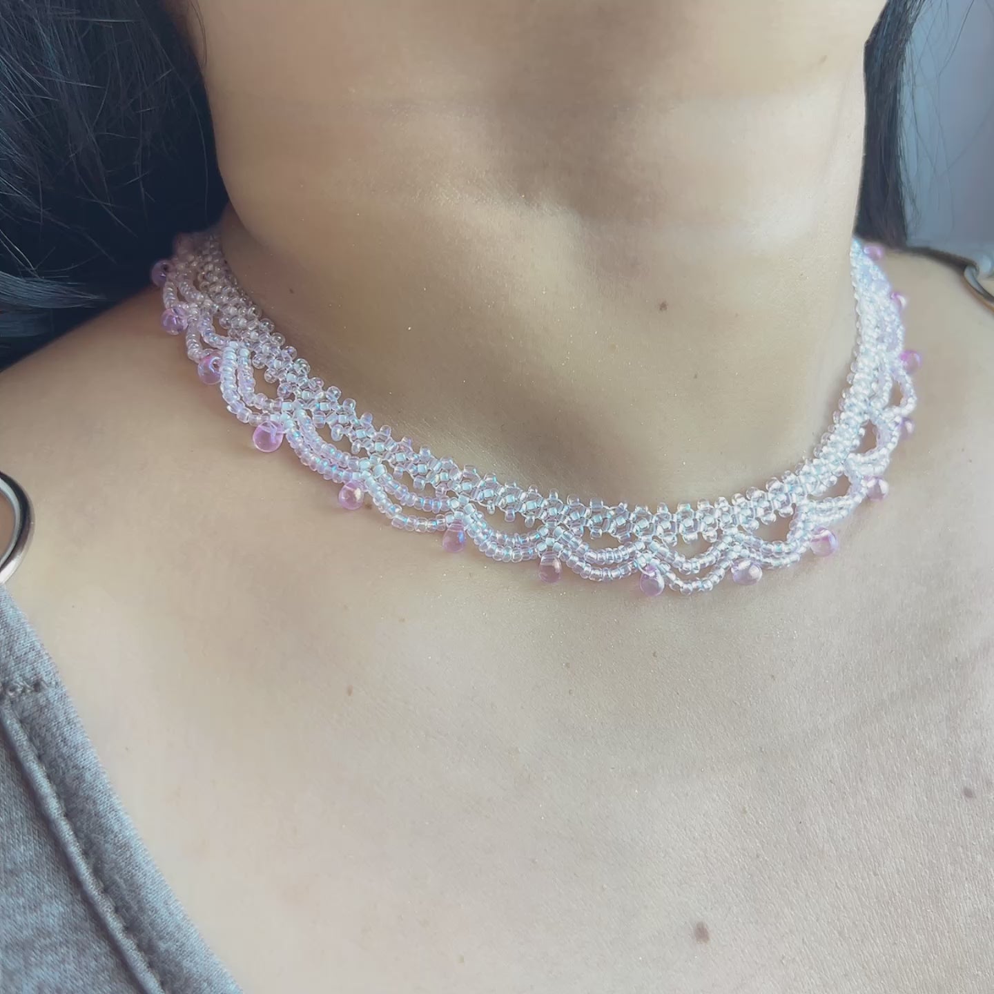 Handmade White & Blush Pink Lace Scallop Beaded Choker Necklace | Bridal Seed Bead Collar