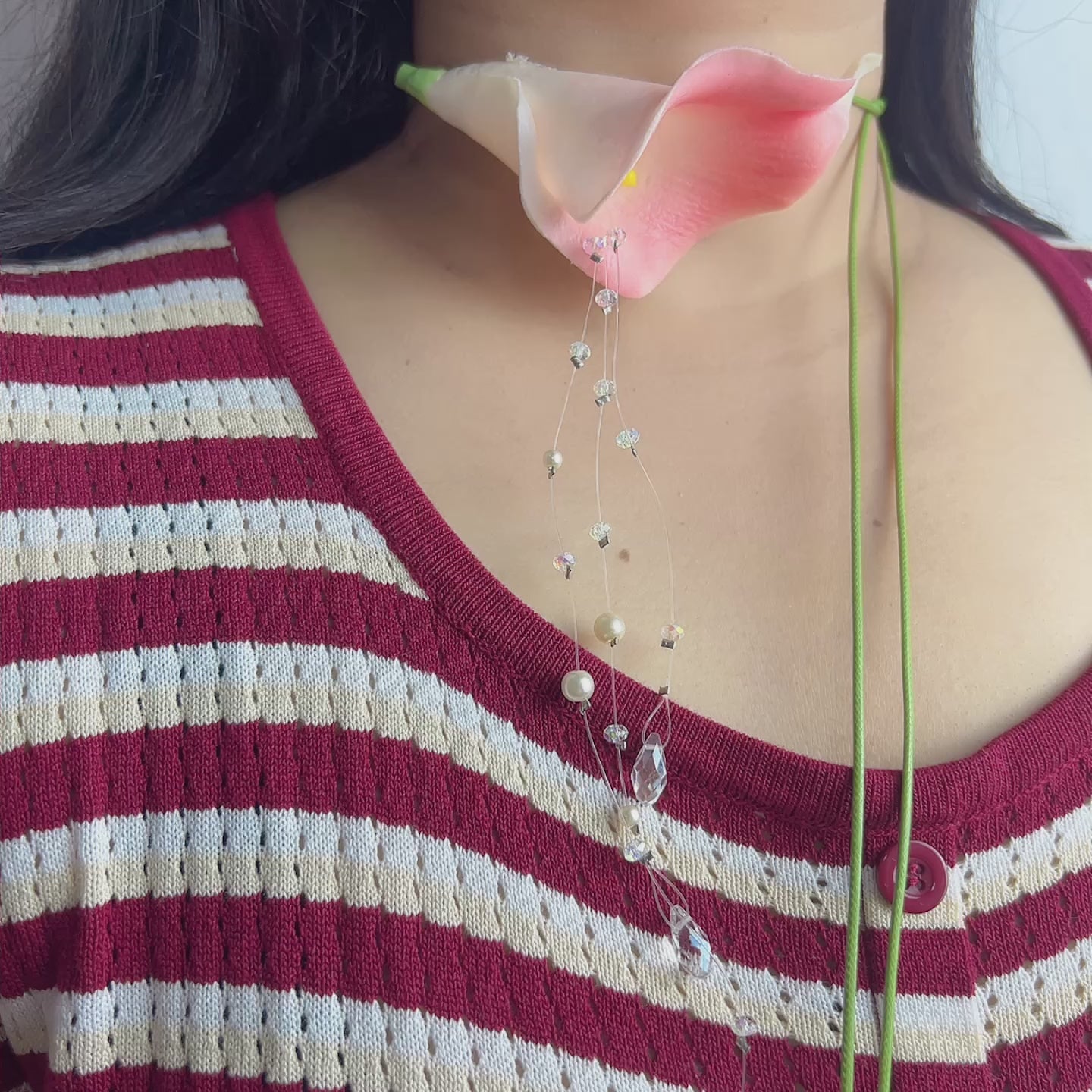 Handmade Pink Calla Lily Flower Lariat Necklace | Floating Pearl Crystal Diamond Drop Ethereal