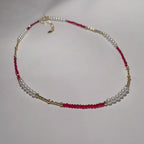 Handmade Red Crystal & Pearl Choker Necklace | Gold Tube Spacer Heart Charm Extender