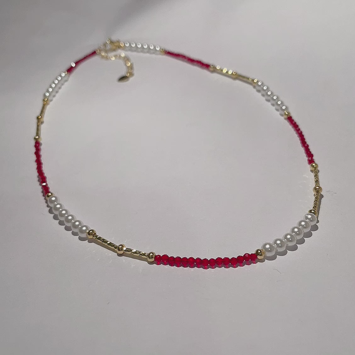 Handmade Red Crystal & Pearl Choker Necklace | Gold Tube Spacer Heart Charm Extender