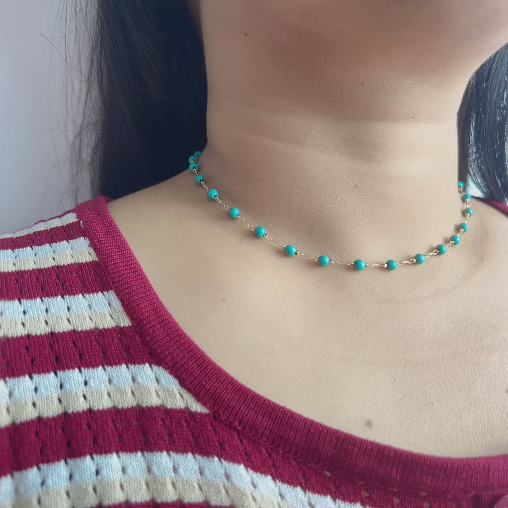 Handmade Turquoise Bead Gold Chain Choker Necklace | Minimalist Boho Jewelry
