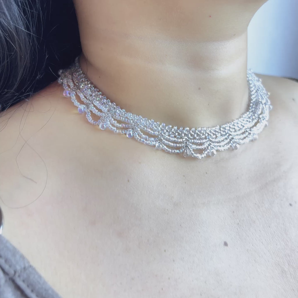 Handmade All White Multi-Layer Scallop Wave Lace Beaded Choker Necklace | Bridal Wedding Fairycore Collar