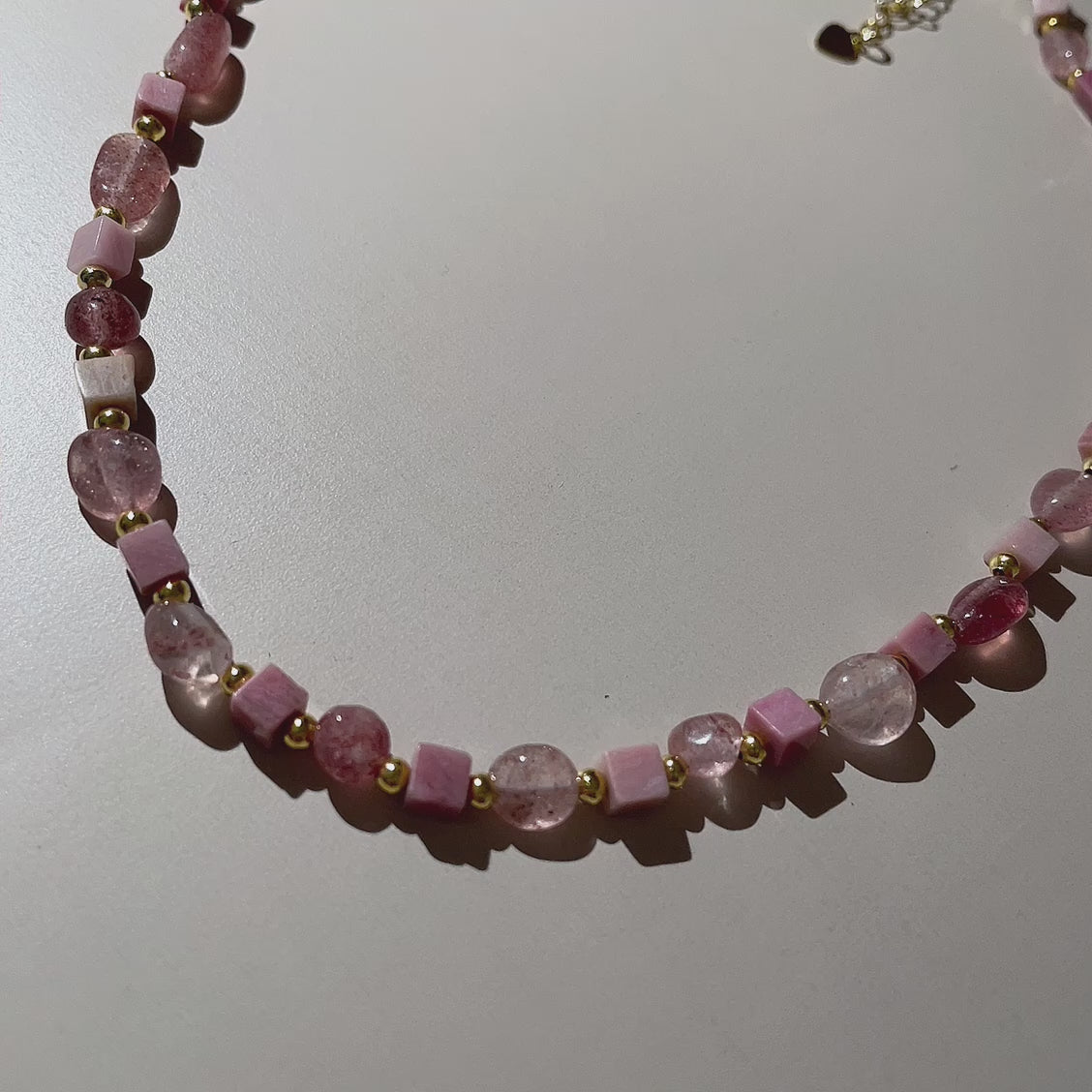 Handmade Strawberry Quartz Mixed Shape Bead Choker Necklace | Pink Natural Stone Gold Spacer