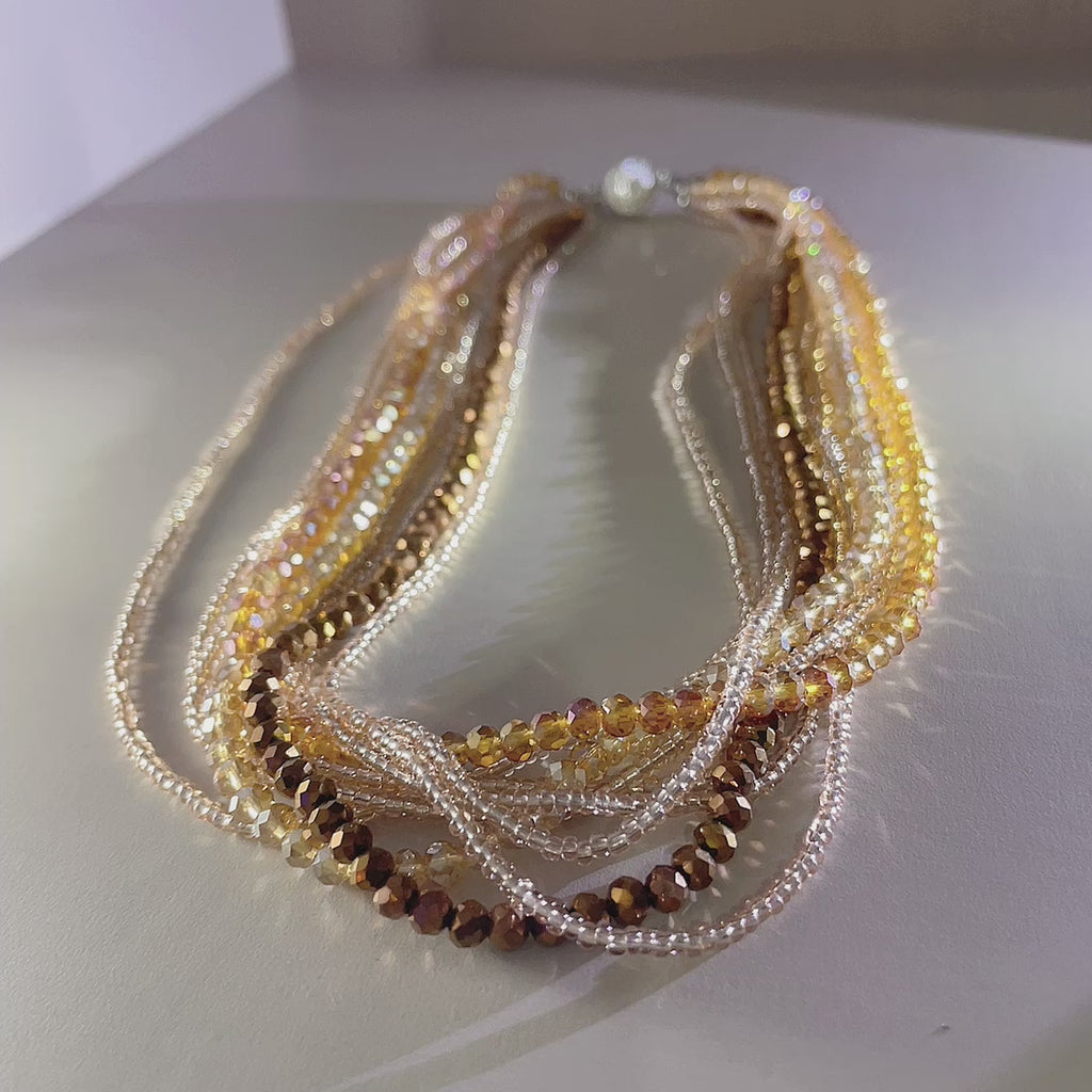 Handmade Multi-Strand Gold Crystal Twisted Choker Necklace | Champagne Layered Statement Collar