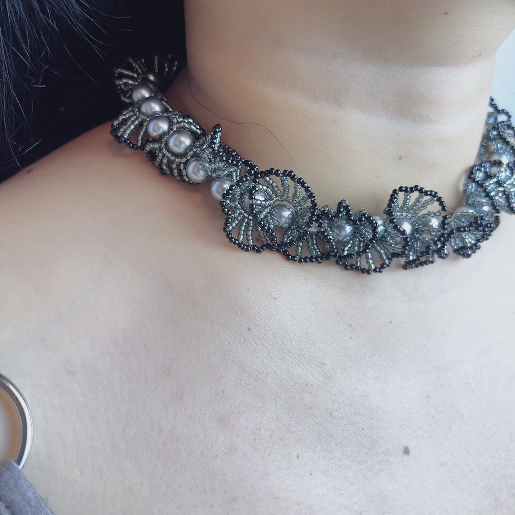Handmade Black & Silver 3D Fan Flower Garland Choker Necklace | Pearl Center Gothic Luxe Statement Collar