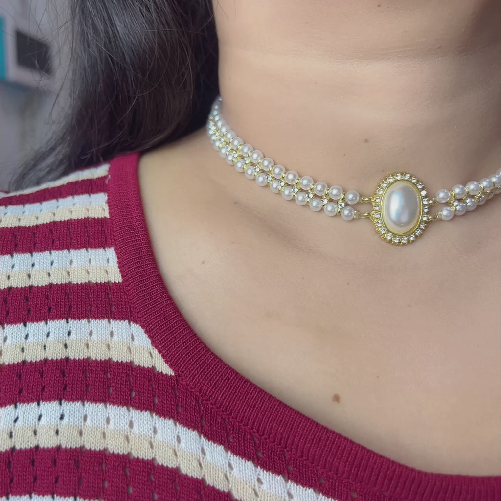 Handmade Double Layer Pearl Choker Necklace | Gold Oval Rhinestone Clasp