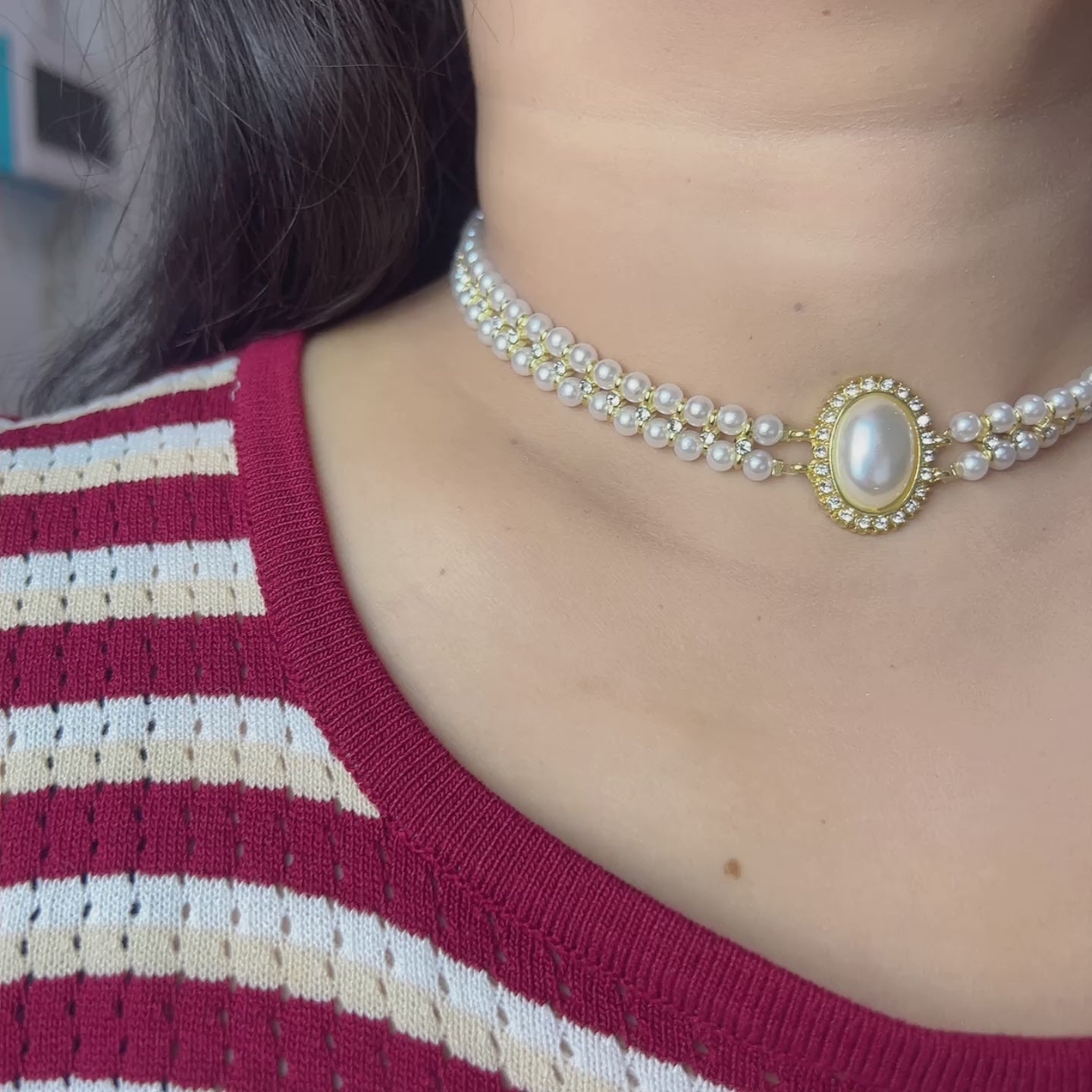 Handmade Double Layer Pearl Choker Necklace | Gold Oval Rhinestone Clasp