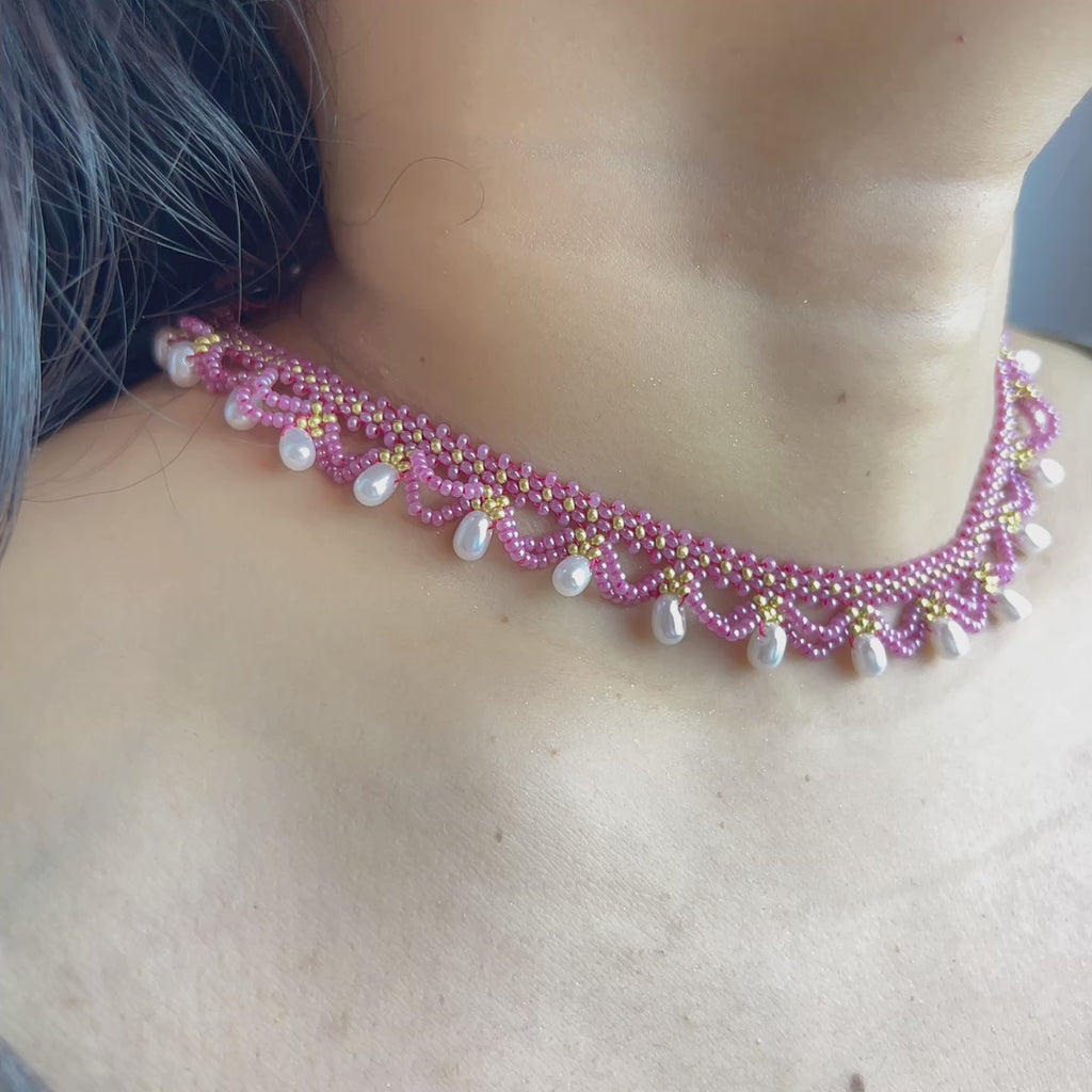 Handmade Rose Pink & Gold Wave Lace Beaded Choker Necklace | Freshwater Pearl Drop Fringe Romantic Collar