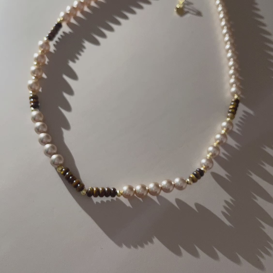 Handmade Pearl & Tiger Eye Disc Choker Necklace | Gold Spacer Elegant Natural Stone Jewelry