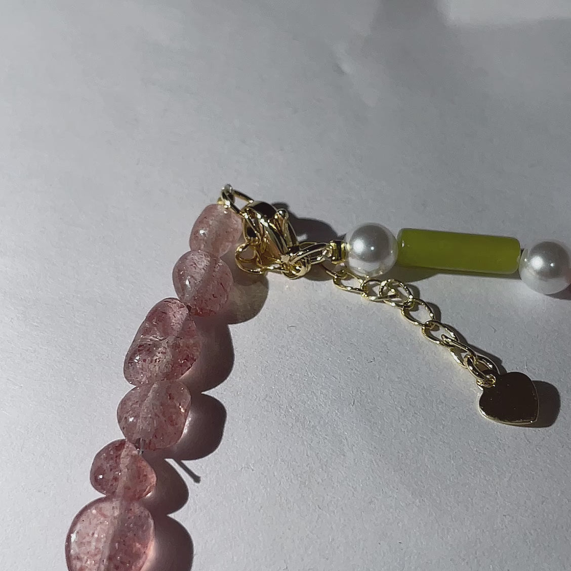 Handmade Strawberry Quartz & Green Jade Tube Pearl Necklace | Gold Lobster Clasp Heart Charm