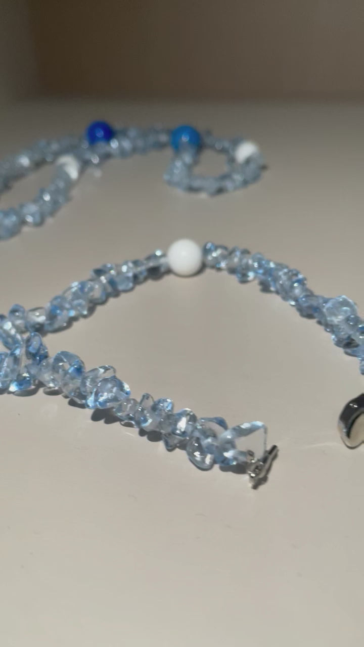 Handmade Crystal Chip & Blue Agate Bead Long Necklace | Wrap Choker Style