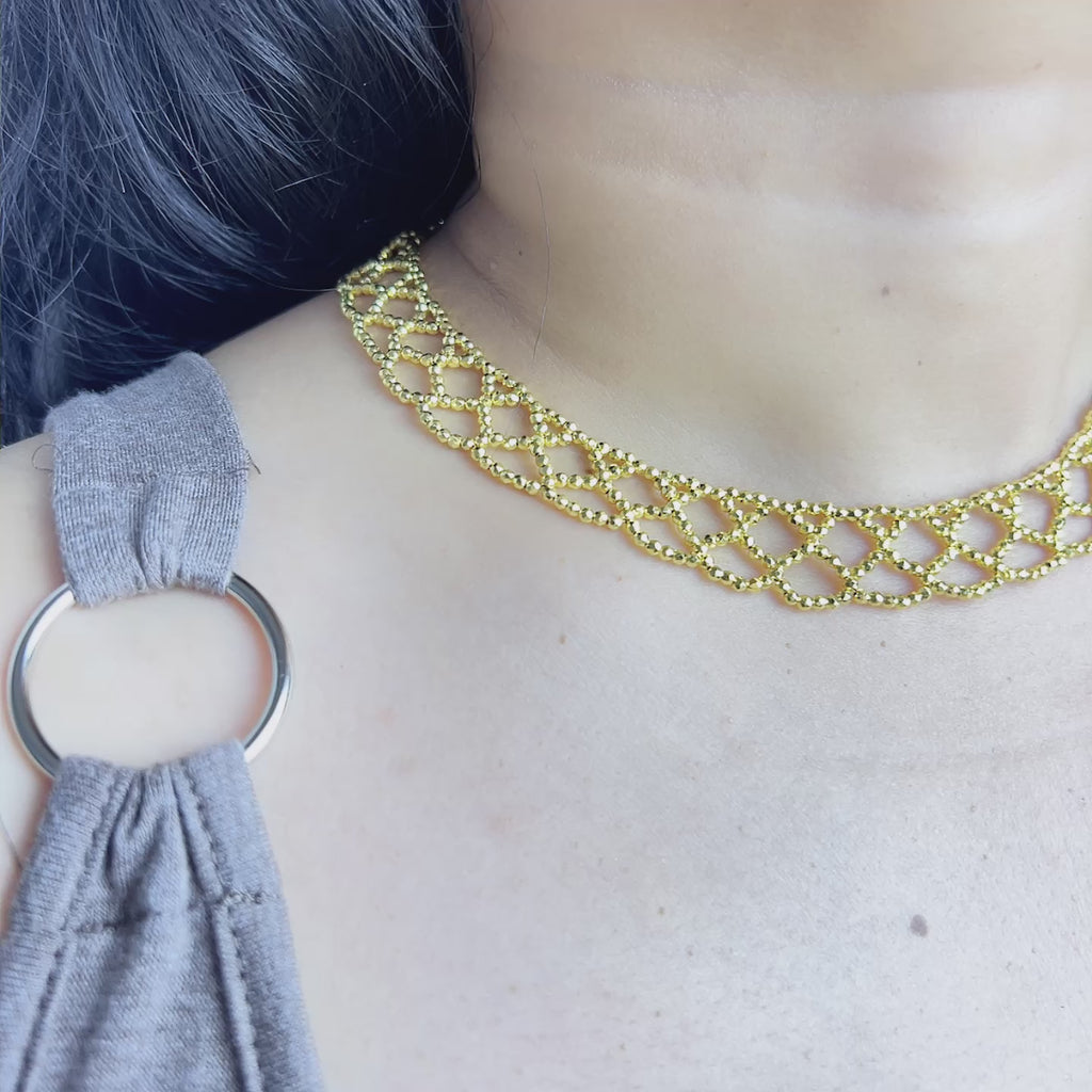 Handmade Gold Seed Bead Lattice Lace Choker Necklace | Wide Diamond Net Collar Elegant Statement