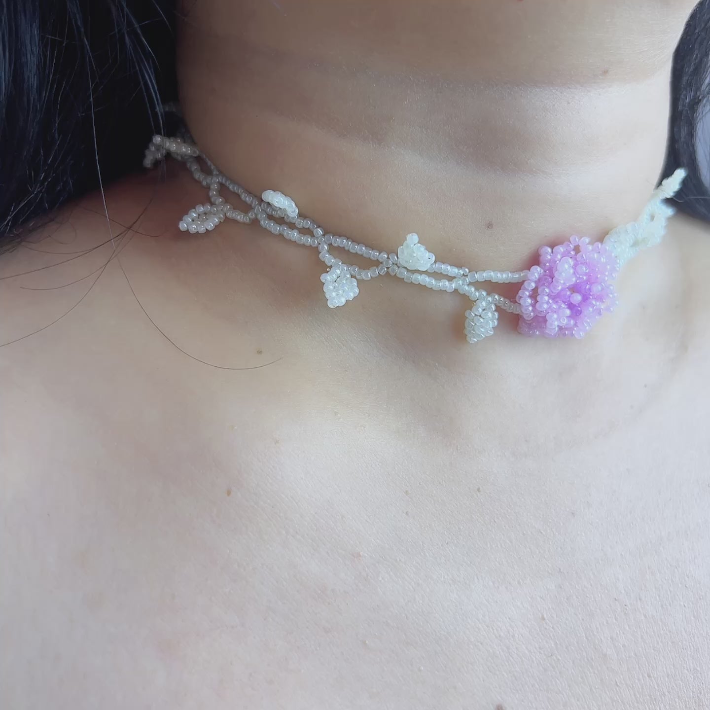 Handmade White Vine & Leaf Beaded Choker Necklace | 3D Pink Hydrangea Rose Center Fairycore Bridal Collar