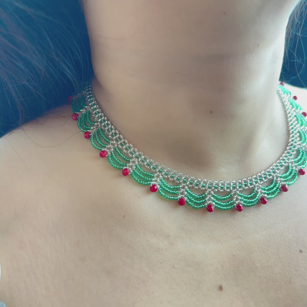 Handmade Silver & Emerald Green Scallop Beaded Choker Necklace | Red Crystal Accent Festive Statement Collar