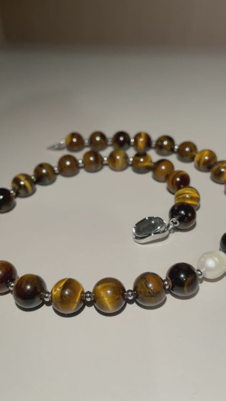 Handmade Tiger Eye Baroque Pearl Statement Necklace | Natural Stone Jewelry