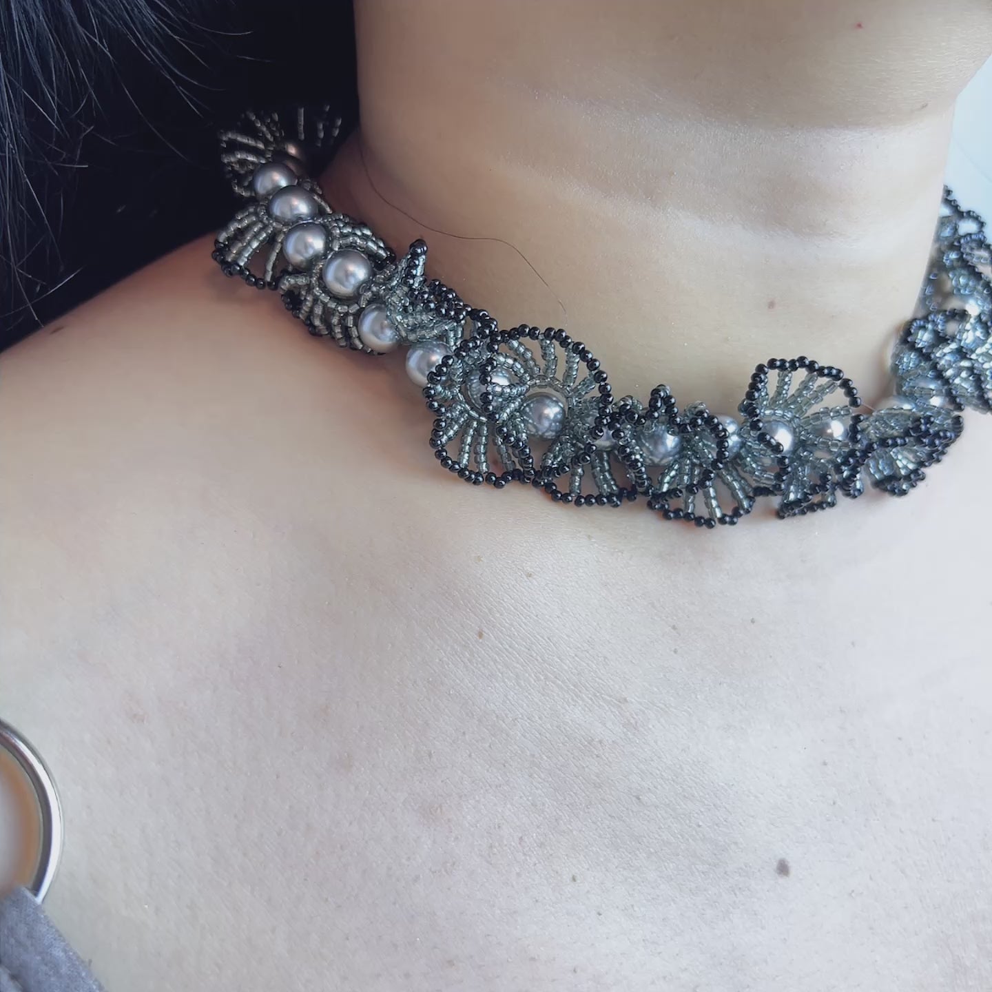 Handmade Black & Gunmetal Scallop Flower Beaded Choker Necklace | Grey Pearl Gothic Statement Collar