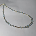 Handmade Aquamarine Chip Stone Choker Necklace | Gold Round & Tube Spacer Heart Charm Extender
