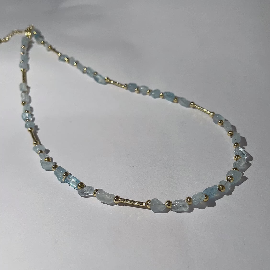 Handmade Aquamarine Chip Stone Choker Necklace | Gold Round & Tube Spacer Heart Charm Extender