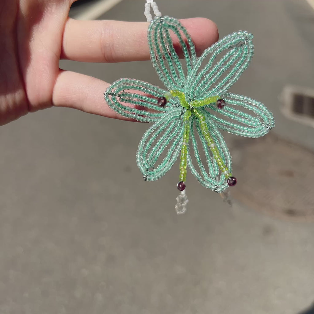 Handmade 3D Mint Green Transparent Lily Flower Beaded Keychain | Crystal Drop Tassel Fairycore Bag Charm